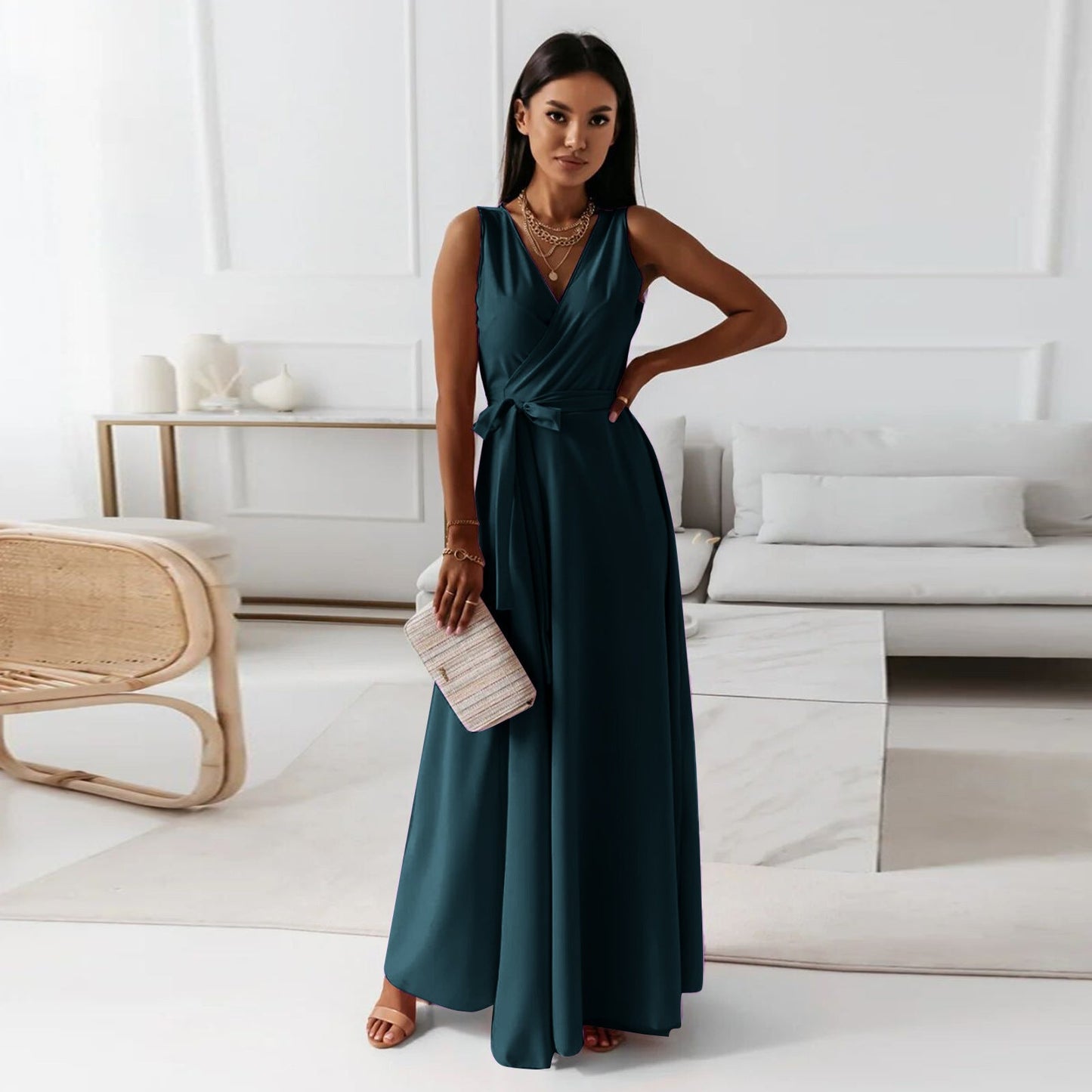 V-neck Sleeveless Dress With Belt Summer Fashion Party Club Evening Maxi Dresses For Women Clothing