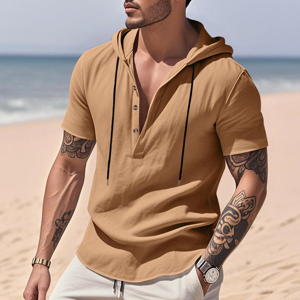 Chemise Henley à Capuche en Lin Homme - Manches Courtes Respirante