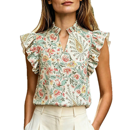 Women's Retro Ruffle-Trimmed Printed Sleeveless Shirt