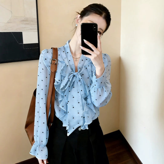 Polka-Dot Ruffle-Bow Chiffon Shirt