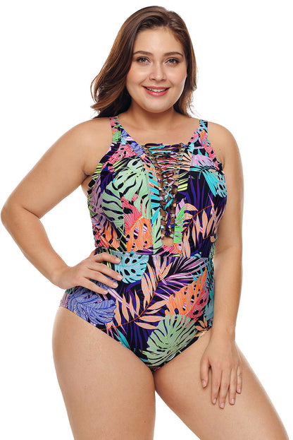 Maillot de bain grande taille à décolleté plongeant croisé imprimé jungle tropicale colorée
