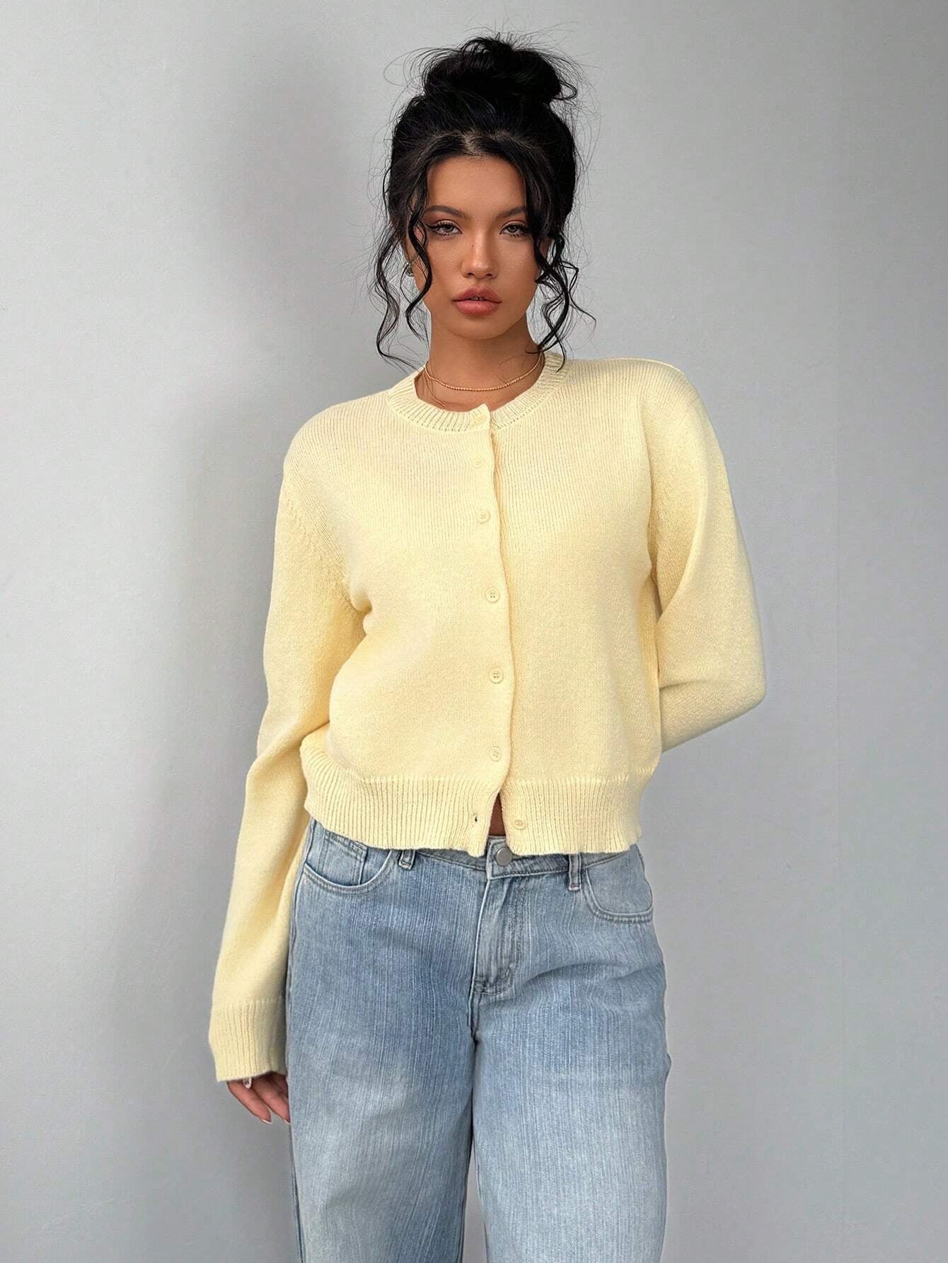 Chic Long Sleeved Knitted Cardigan Fashion Slim Solid Color Short Sweater For Women Clothing