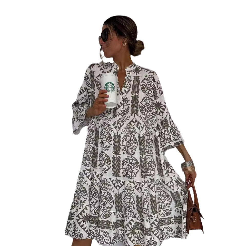 Women V-neck Flare Sleeve Ruffle Shirt Dress