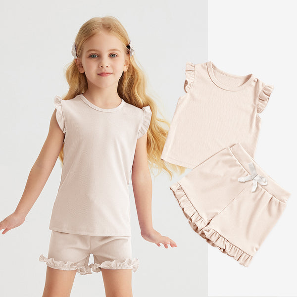 Girls' Solid-Colored Short-Sleeve Shorts Set