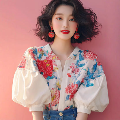 Women's Elegant French Style Puff Sleeve Floral Shirt