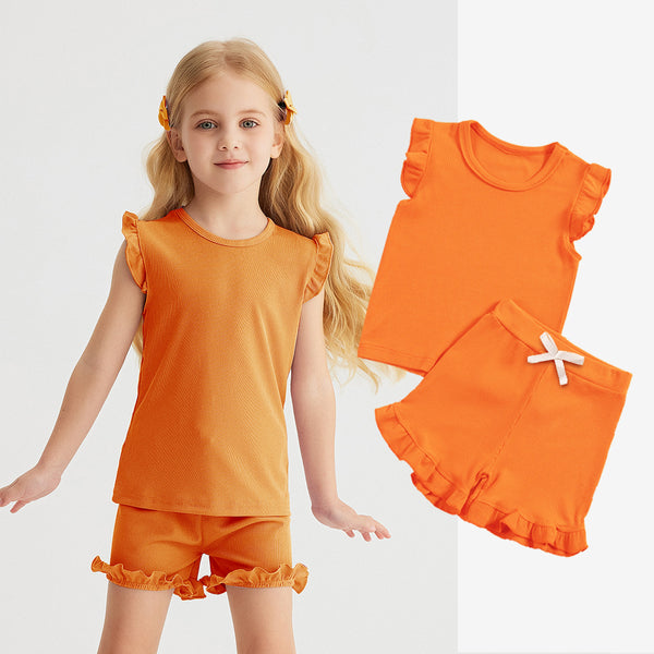 Girls' Solid-Colored Short-Sleeve Shorts Set