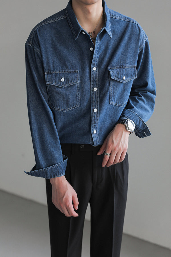 Chemise en Jean à Manches Longues Simple et Ample pour Homme Minority