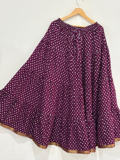 Blackfever Elegant deep plum purple base Printed Tiered Skirt – Free Size