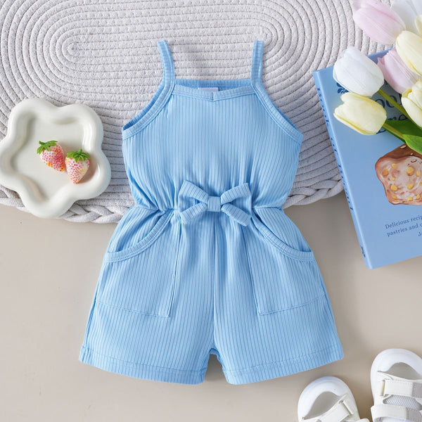 Girls' Striped Bow-Suspender Jumpsuit