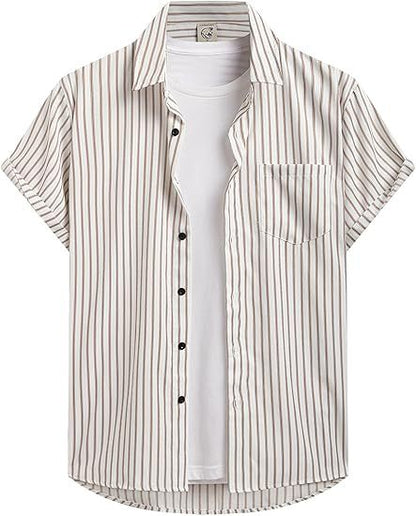 Striped And Solid-color Short-sleeve Shirt-cardigan