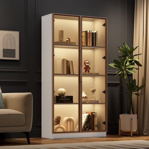 LED Display Cabinet, Clear Display Case For Figures, Storage Shelves With Tempered Glass Door, Storage Cabinet Floor Standing Transparent Showcase 160x80x40 Cm White