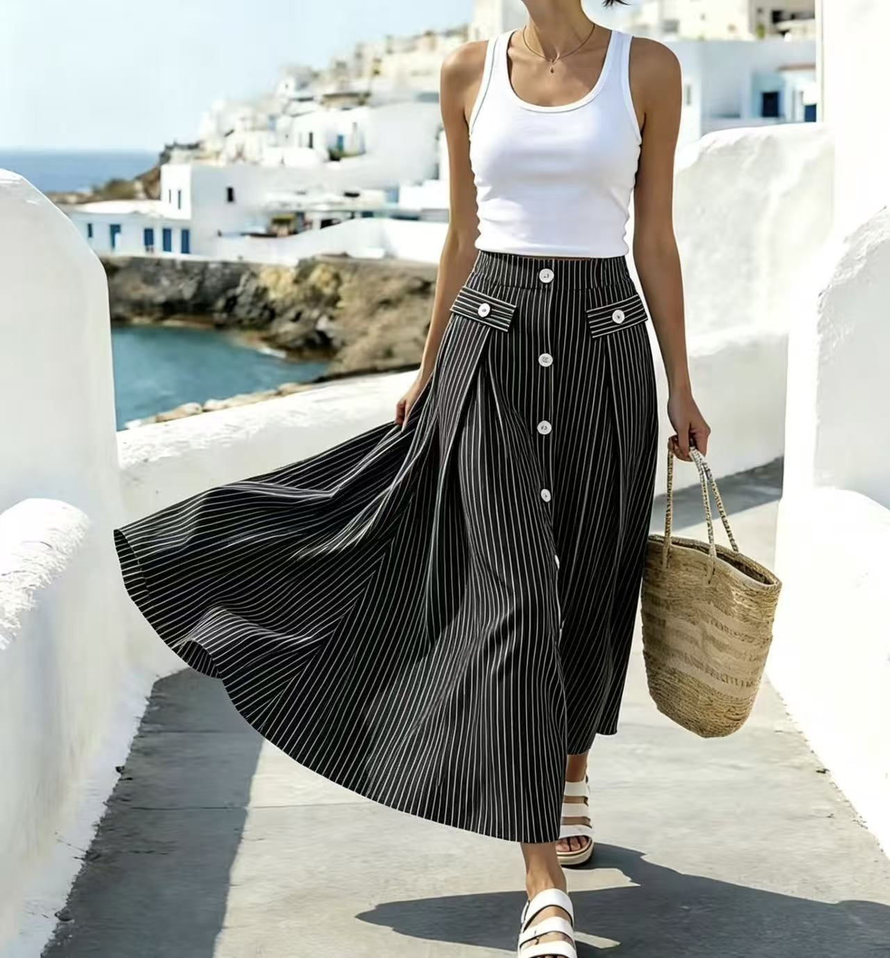 Striped High-waisted Skirt For Women