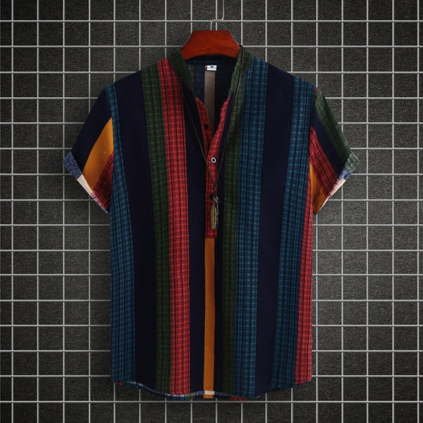 Chemise rayée en coton et lin à col montant pour homme