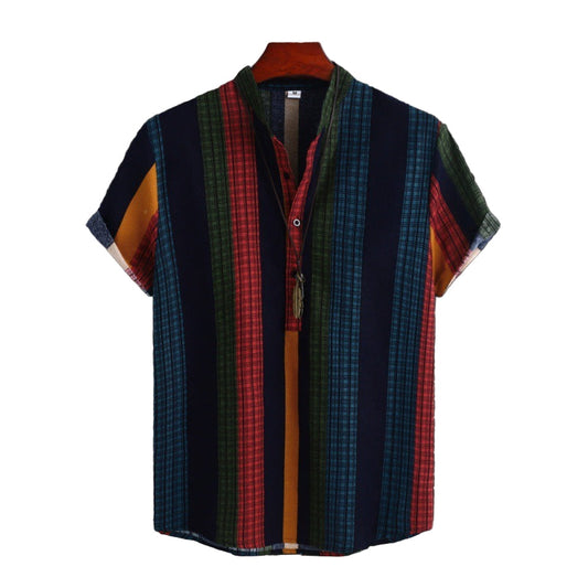 Chemise Homme Col Droit Style Ethnique Rayée Coton-Lin Mode Décontractée Manches Courtes