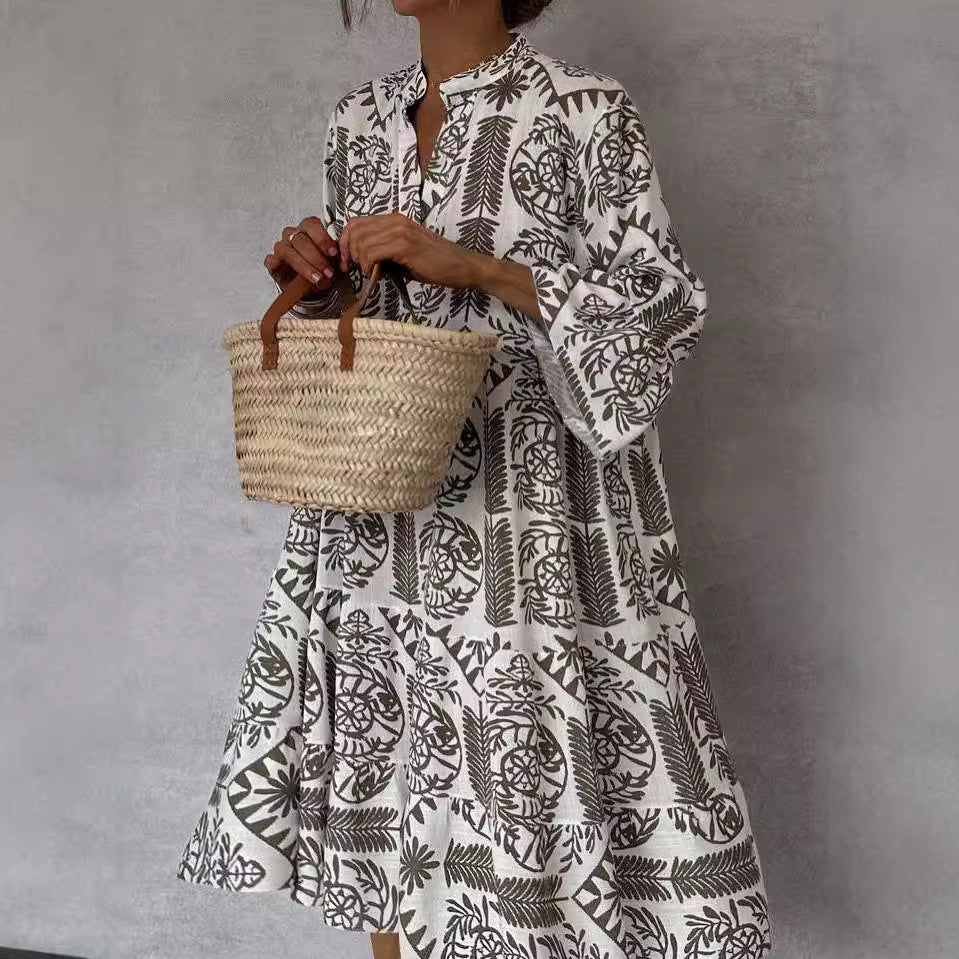 Women V-neck Flare Sleeve Ruffle Shirt Dress