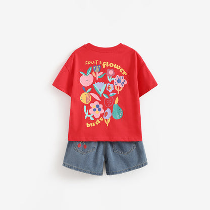 Girls Cartoon T-Shirt & Denim Shorts Set