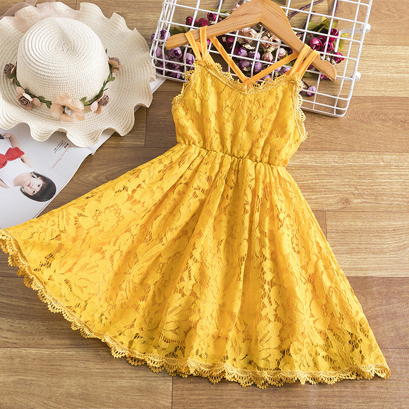 Children's Embroidered Skirt Lace Dress With Suspenders