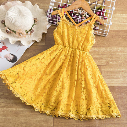 Children's Embroidered Skirt Lace Dress With Suspenders