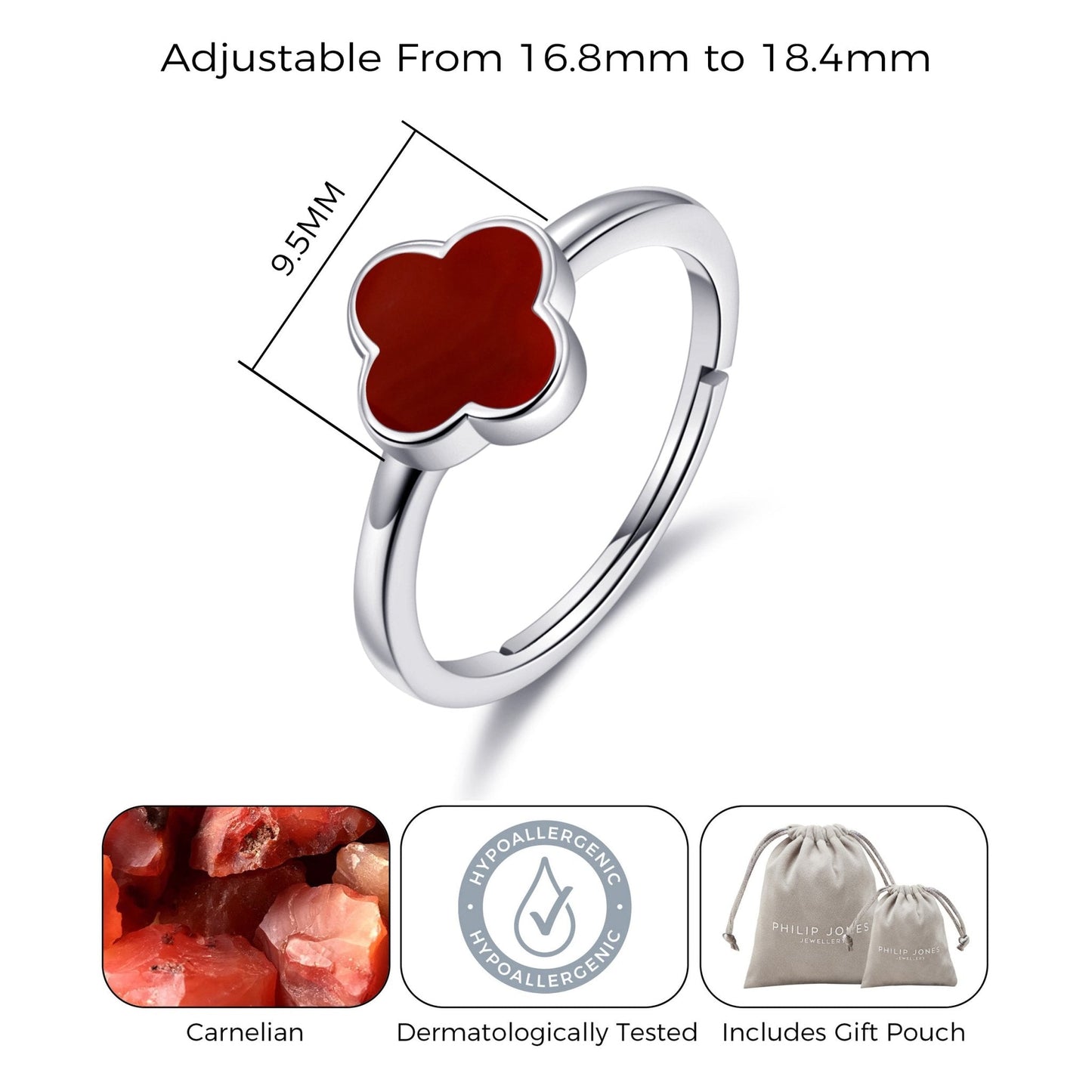 Carnelian Gemstone Adjustable Clover Ring