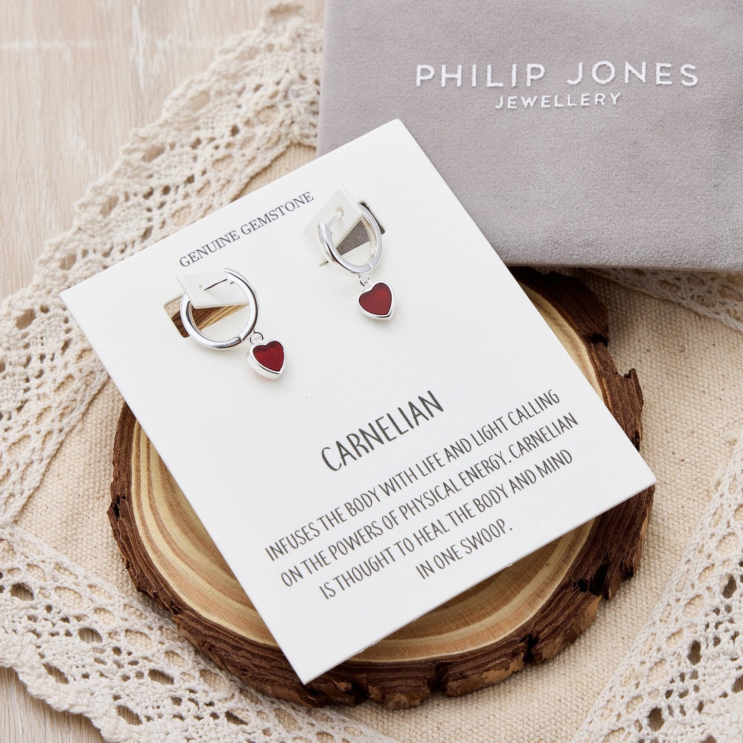 Carnelian Gemstone Heart Charm Hoop Earrings with Quote Card