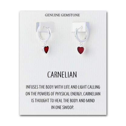 Carnelian Gemstone Heart Charm Hoop Earrings with Quote Card