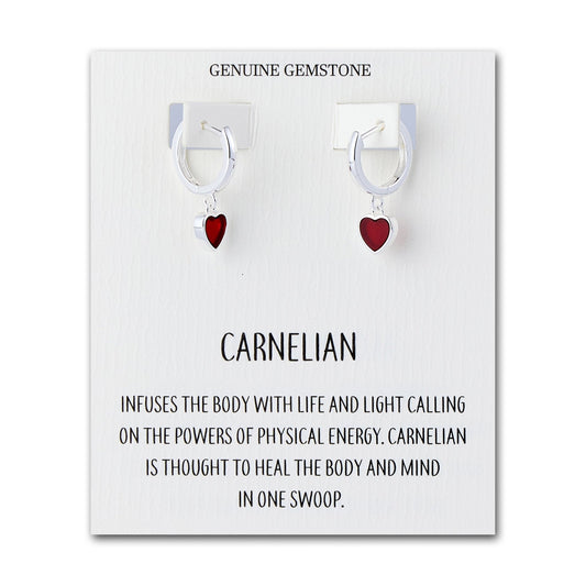 Carnelian Gemstone Heart Charm Hoop Earrings with Quote Card