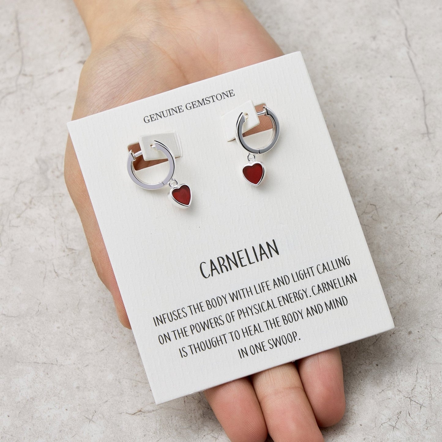Carnelian Gemstone Heart Charm Hoop Earrings with Quote Card