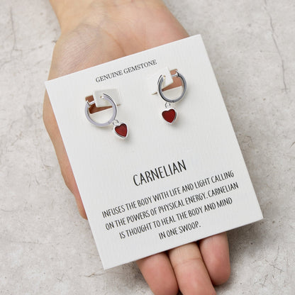 Carnelian Gemstone Heart Charm Hoop Earrings with Quote Card