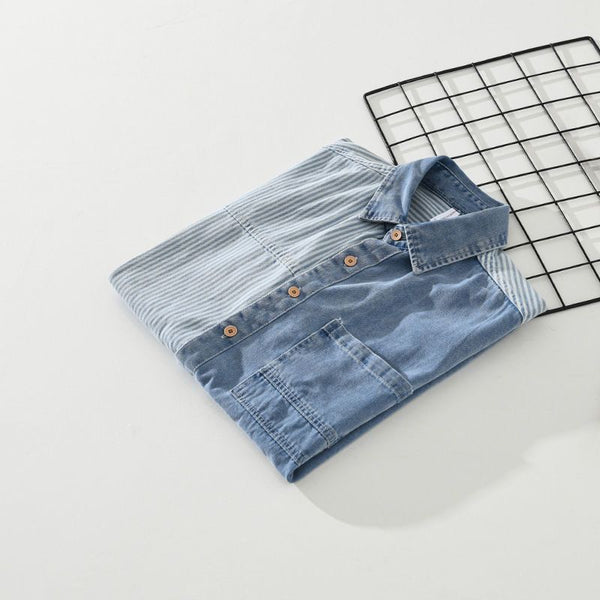 Patchwork Striped Denim Short Sleeve Shirt