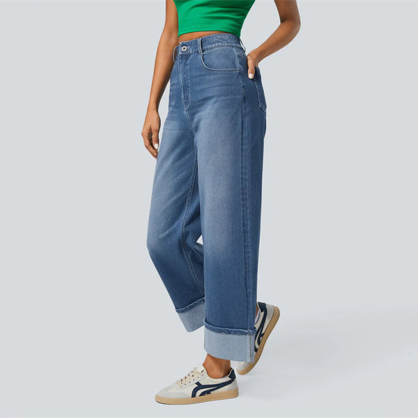 Jean droit à taille haute et ourlet retroussé