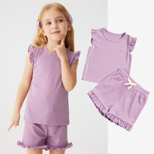 Girls' Solid-Colored Short-Sleeve Shorts Set