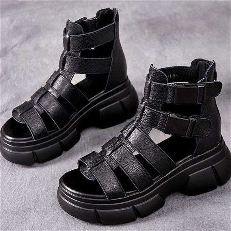 Sandales Rétro Élégantes à Plateforme Évidée en Cuir pour Femmes