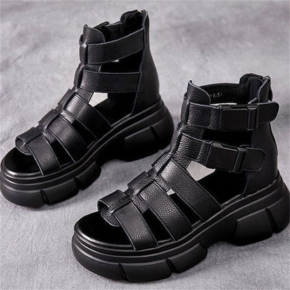 Sandales Rétro Élégantes à Plateforme Évidée en Cuir pour Femmes