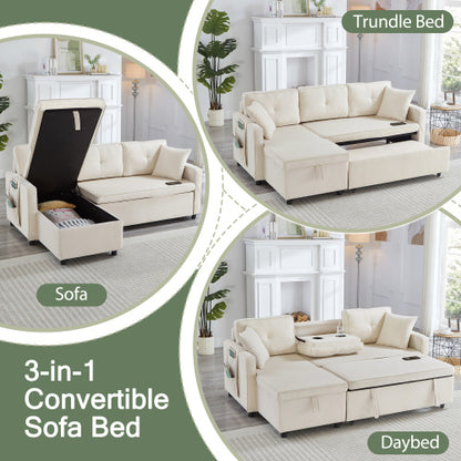 L-Shaped Pull Out Sleep Sofabed, Modern Reversible Sleeper Sectional Sofa, 3 In 1 Convertible Sofa Bed With Storage Chaise, Drop-Down Table, Cup Holders And Charging Ports