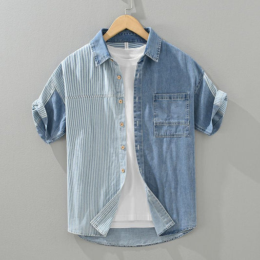 Patchwork Striped Denim Short Sleeve Shirt