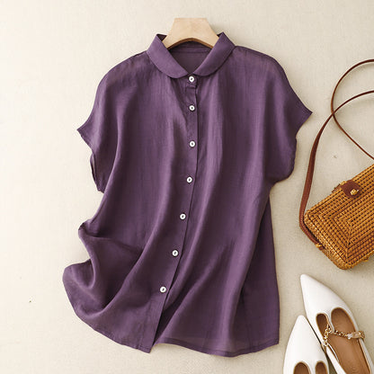 Cotton-Linen Plus-Size Loose Artistic Small Turn-Down Collar Shirt