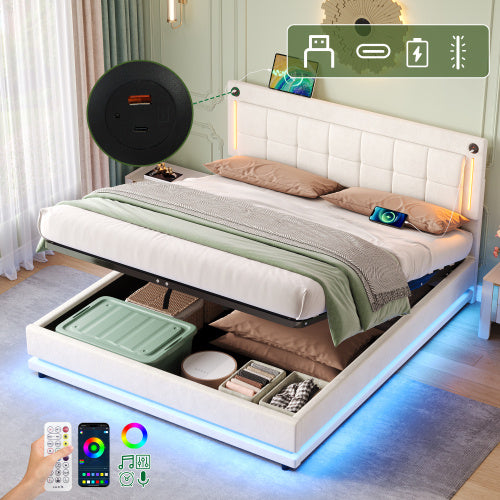 5ft King LED Hydraulic Bed With Charging Station, Adjustable Square Tufted Headboard With Intelligent Control Light, Soft Velvet Bed Frame With USB And Type - C Ports, Beige