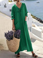 Womens Casual V-Neck Long-Sleeve Loose Cotton-Linen Solid-Color Dress