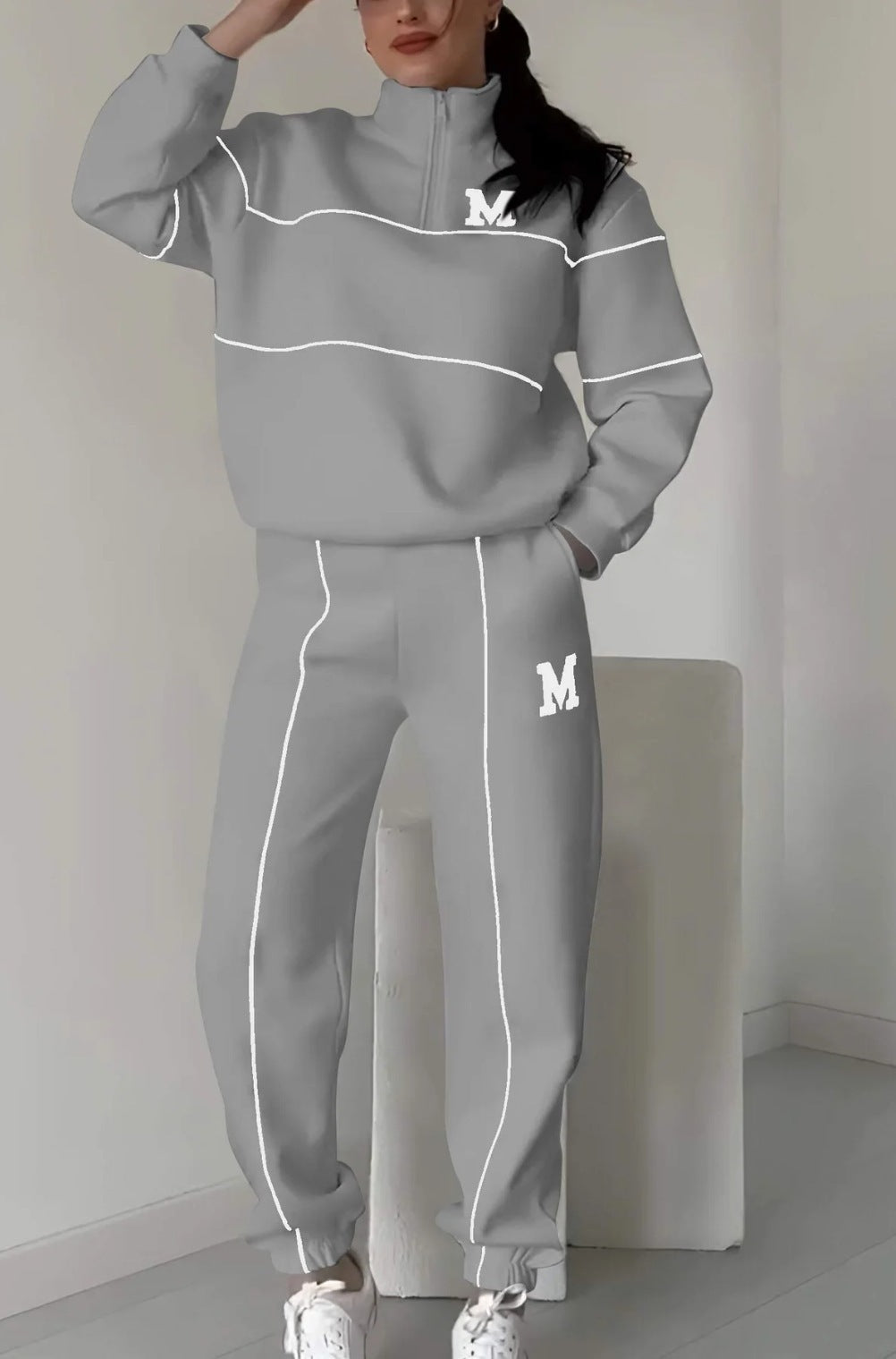 Ensemble 2 pièces femme : Sweat-shirt sans capuche et pantalon de survêtement ample avec poches