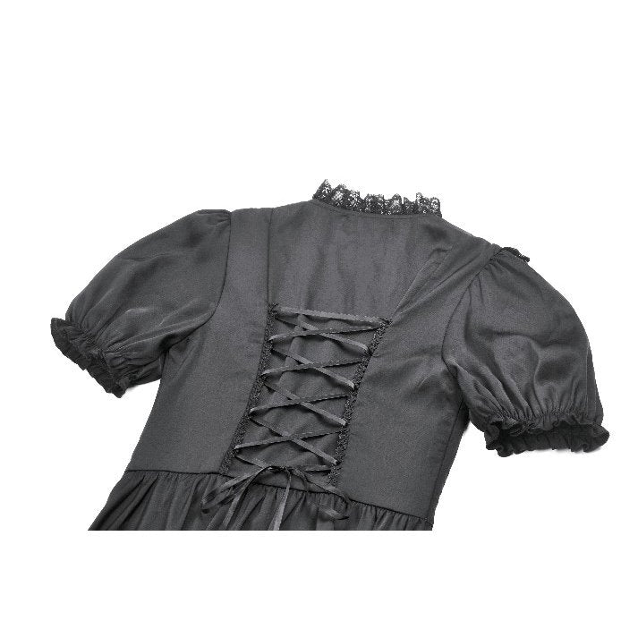 Robe Gothique Noire Dark in Love Belladonna à Manches Bouffantes et Col Montant Lacé