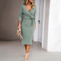 V-neck Long Sleeve Knitted Tied Dress