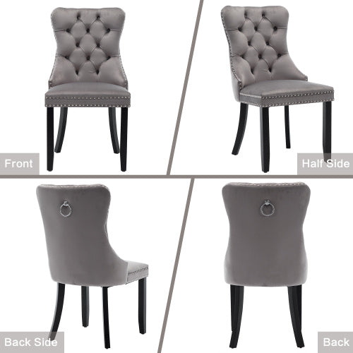 Modern Set Of 6 Upholstered Velvet Dining Chairs, Button Tufted Kitchen Lounge Chairs With Brushed Wood Legs, Riveted Trim And Knocker Ring, For Dining Room Living Room