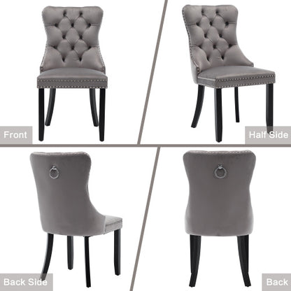 Modern Set Of 6 Upholstered Velvet Dining Chairs, Button Tufted Kitchen Lounge Chairs With Brushed Wood Legs, Riveted Trim And Knocker Ring, For Dining Room Living Room