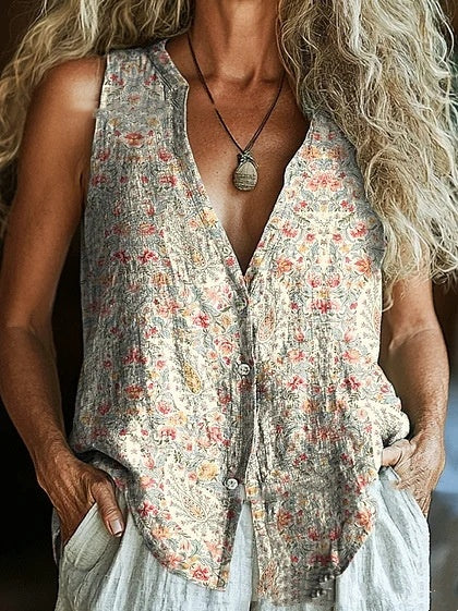Trendy Button Floral V-neck Shirt