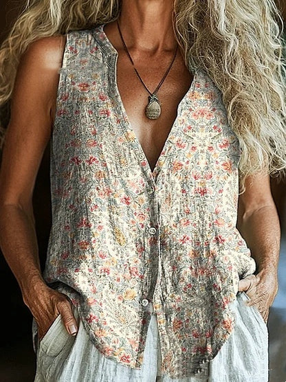 Trendy Button Floral V-neck Shirt