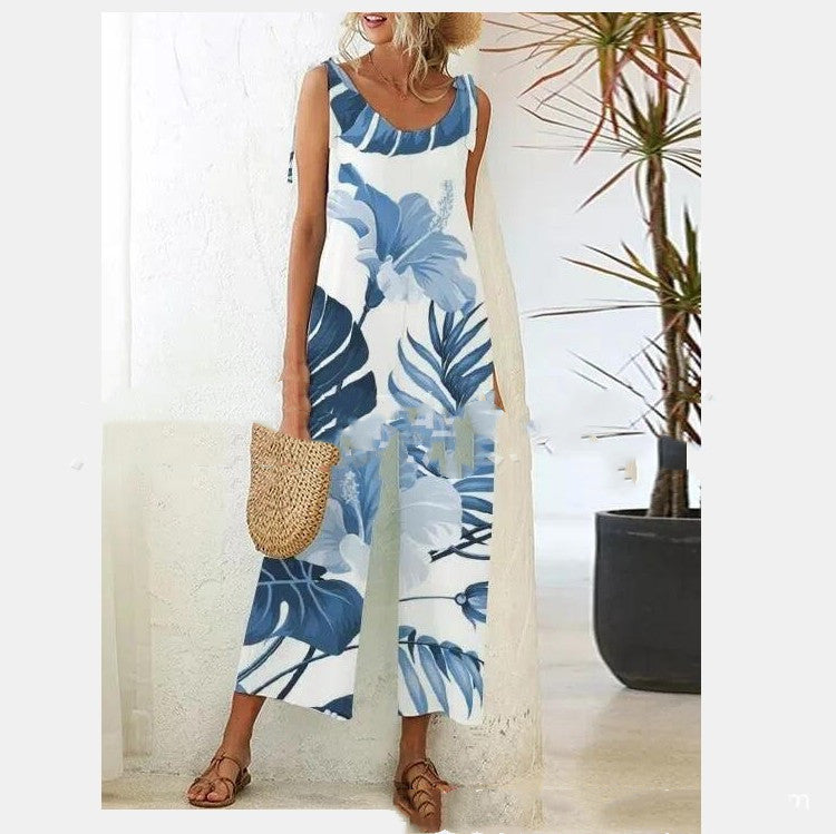 Floral Print Chic Casual Knit Suspender Jumpsuit