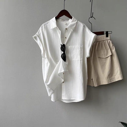 Rolled-sleeve Short-sleeve Shirt Womens Summer-style French Top