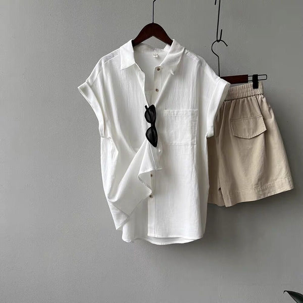 Rolled-sleeve Short-sleeve Shirt Womens Summer-style French Top