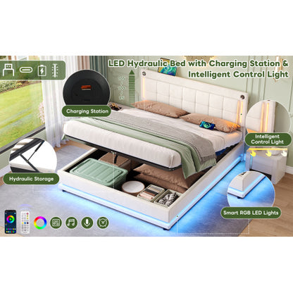 5ft King LED Hydraulic Bed With Charging Station, Adjustable Square Tufted Headboard With Intelligent Control Light, Soft Velvet Bed Frame With USB And Type - C Ports, Beige
