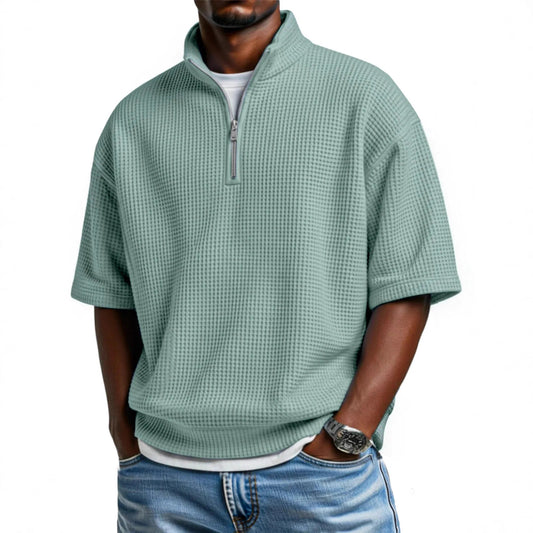 Polo demi-zippé en tricot gaufré pour homme - Manches courtes